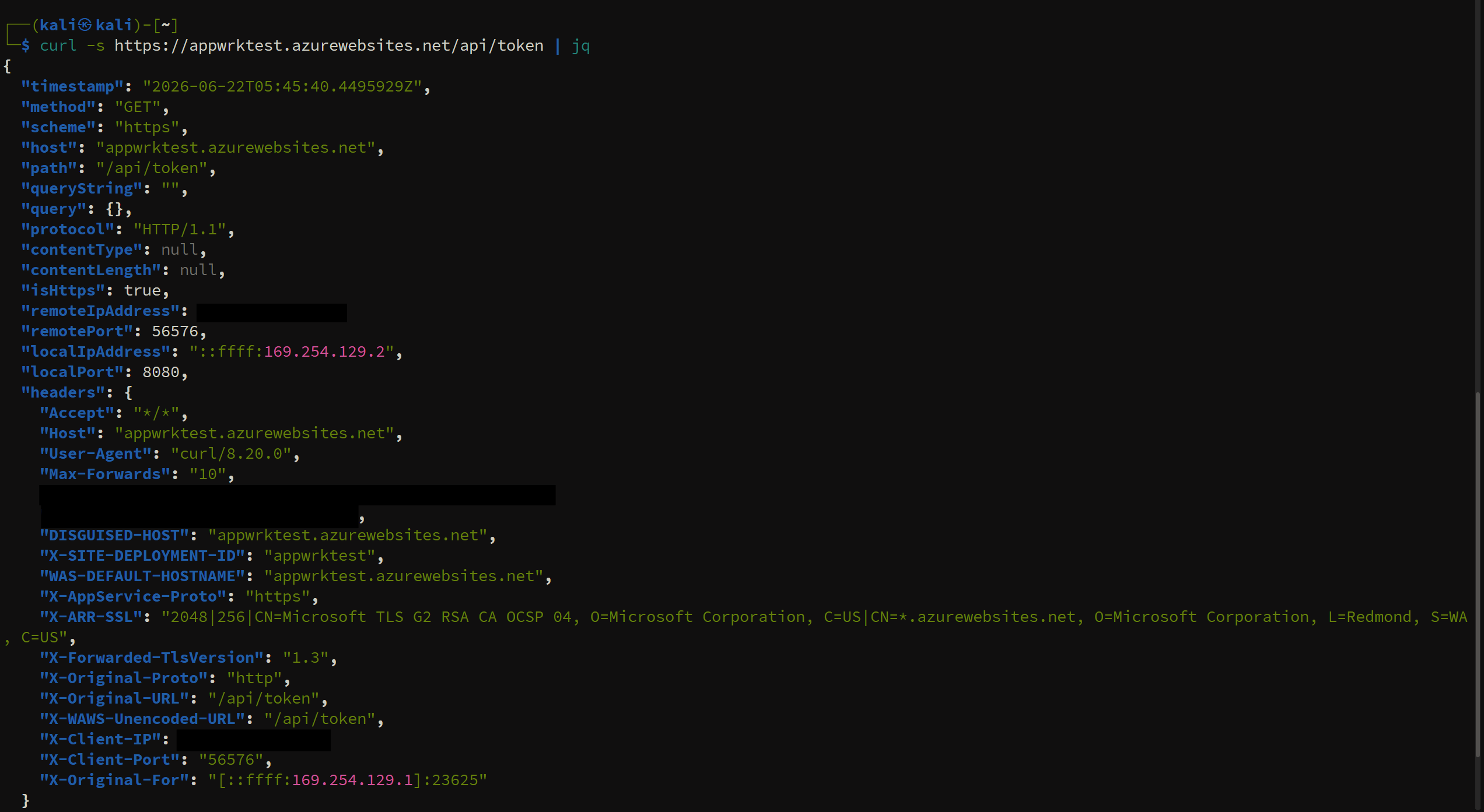 The receiver reflecting all incoming request headers in its JSON response
