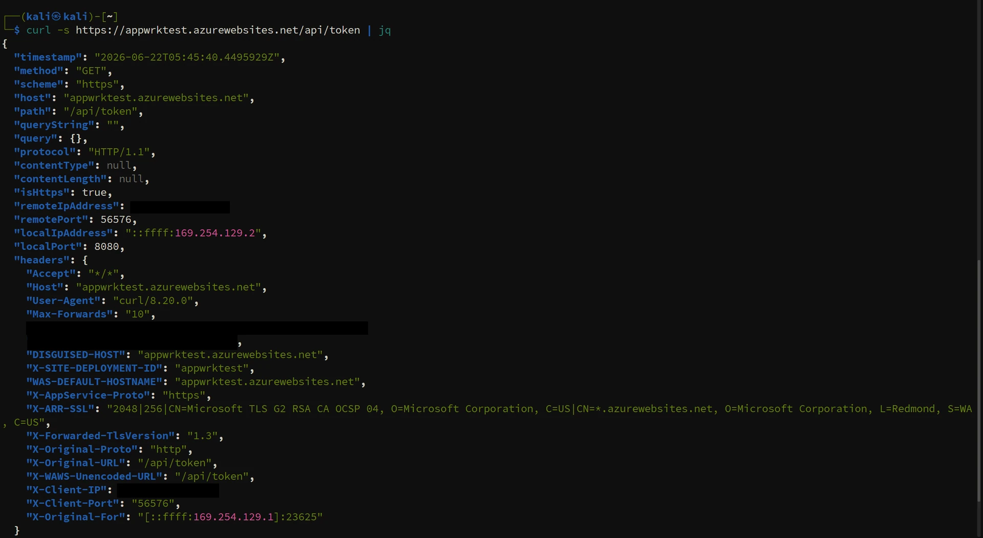 The receiver reflecting all incoming request headers in its JSON response