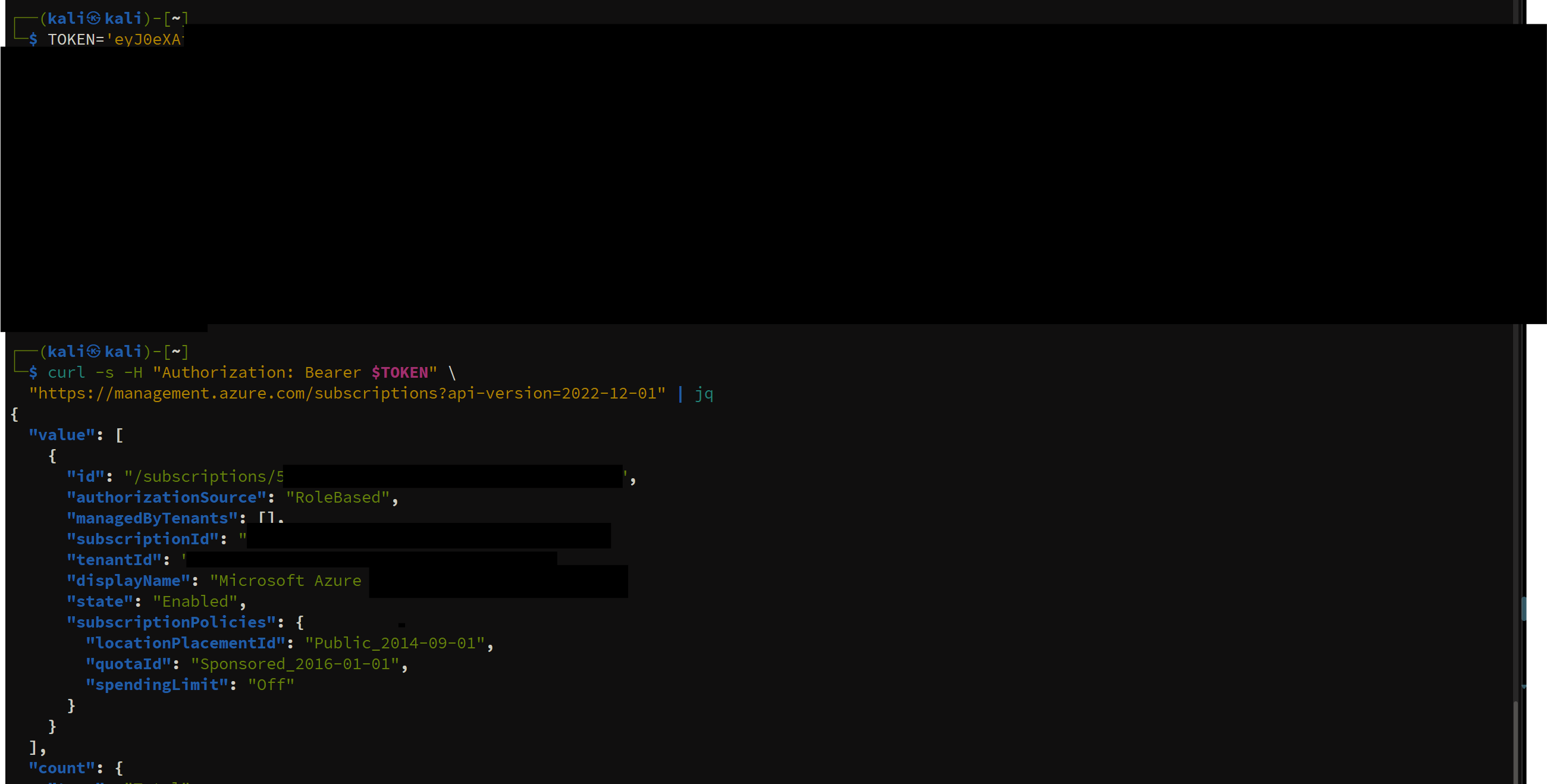 Using the extracted ARM token to enumerate accessible subscriptions