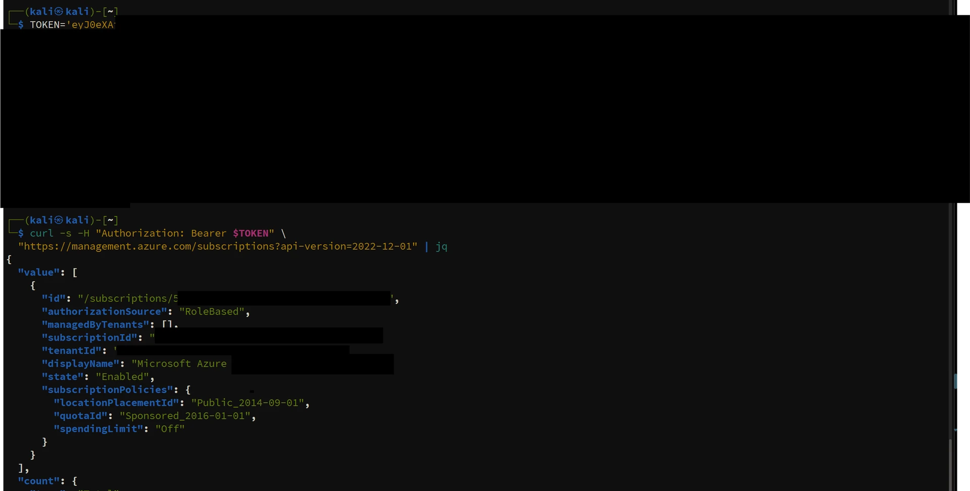 Using the extracted ARM token to enumerate accessible subscriptions