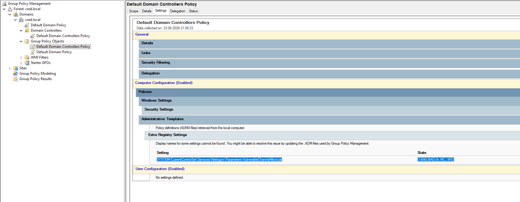 The VulnerableChannelAllowList policy in the Default Domain Controllers Policy