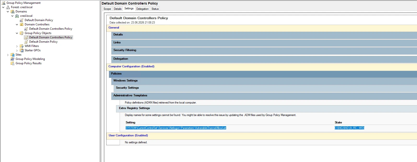 The VulnerableChannelAllowList policy in the Default Domain Controllers Policy