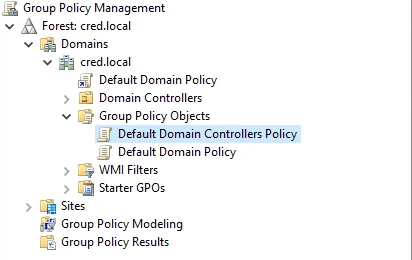 The Domain Controllers OU and its linked policies in Group Policy Management