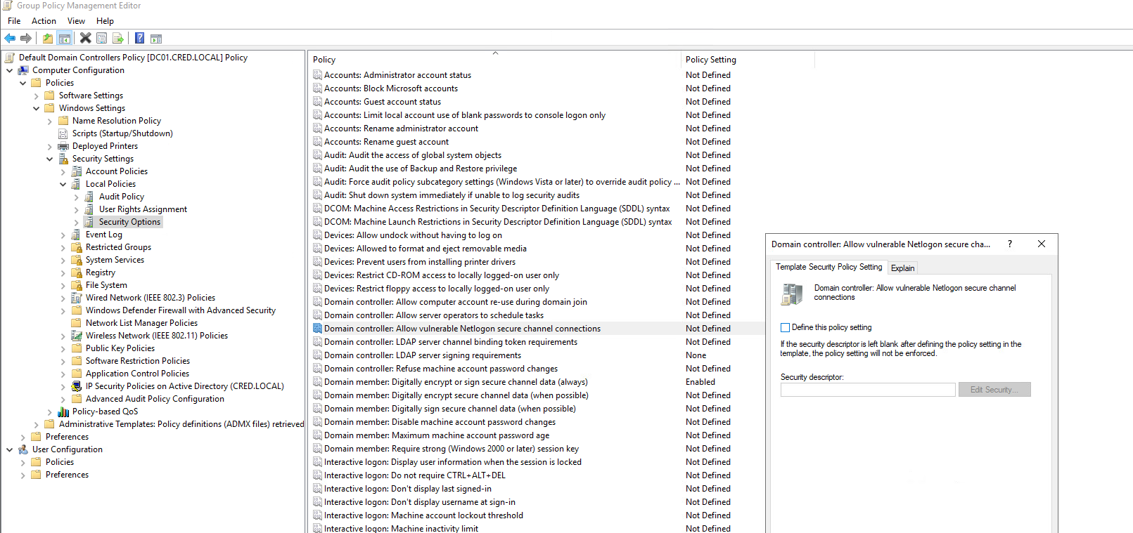 Clearing the allow list in the Netlogon security option