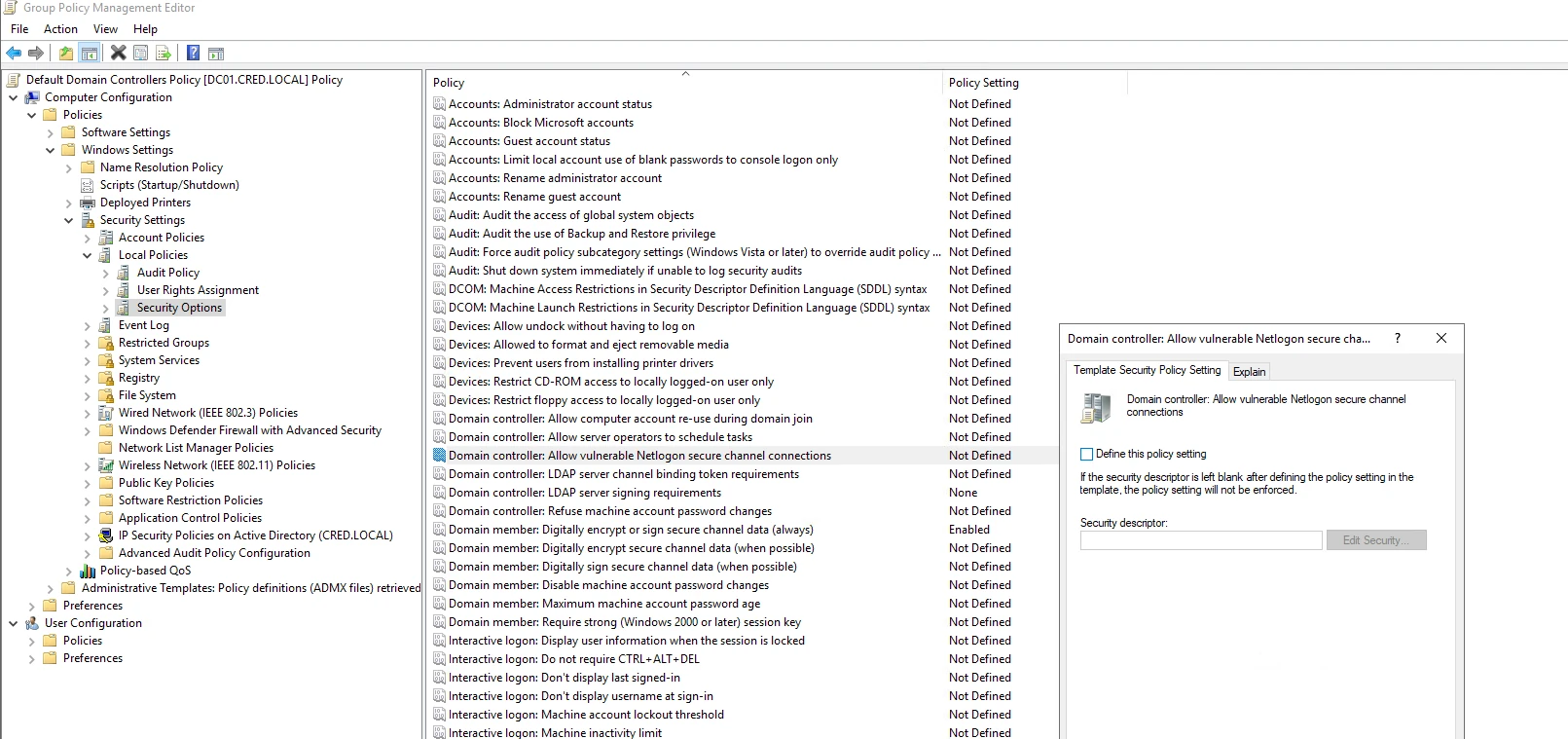 Clearing the allow list in the Netlogon security option