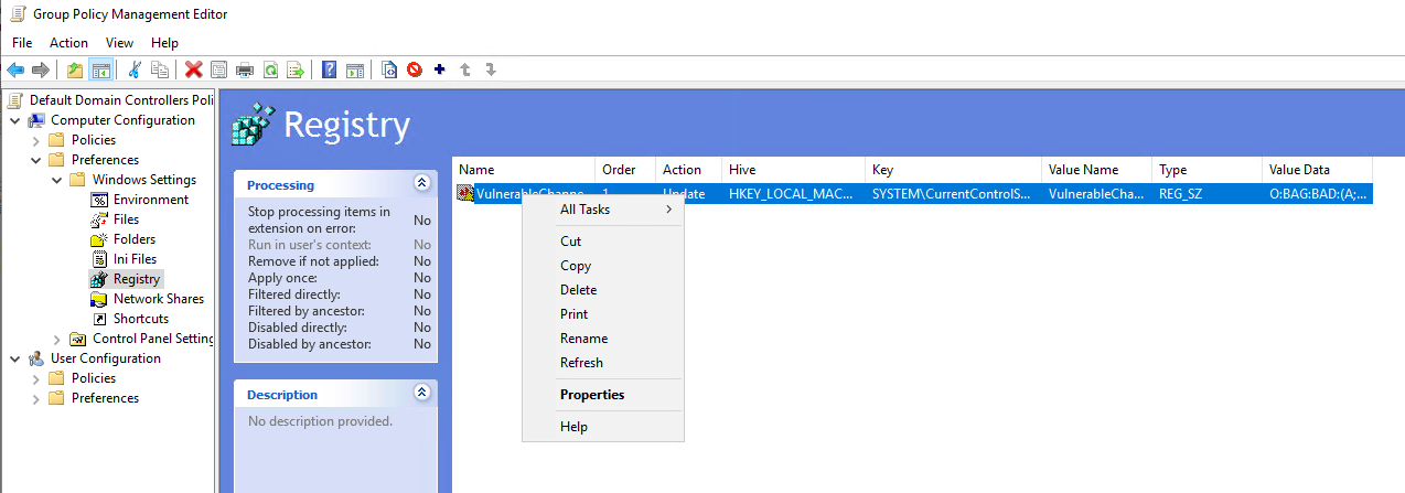 Deleting the VulnerableChannelAllowList registry preference in the GPO