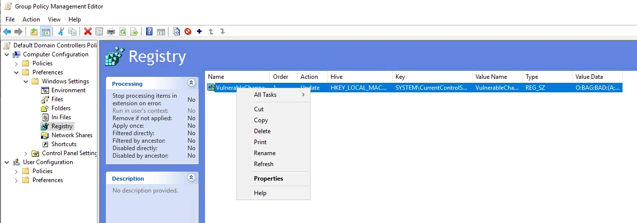 Deleting the VulnerableChannelAllowList registry preference in the GPO