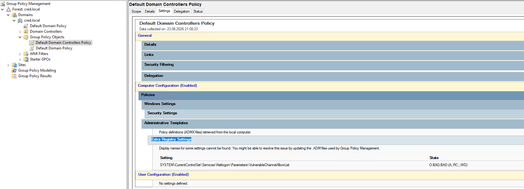 The VulnerableChannelAllowList entry under Extra Registry Settings in the GPO report