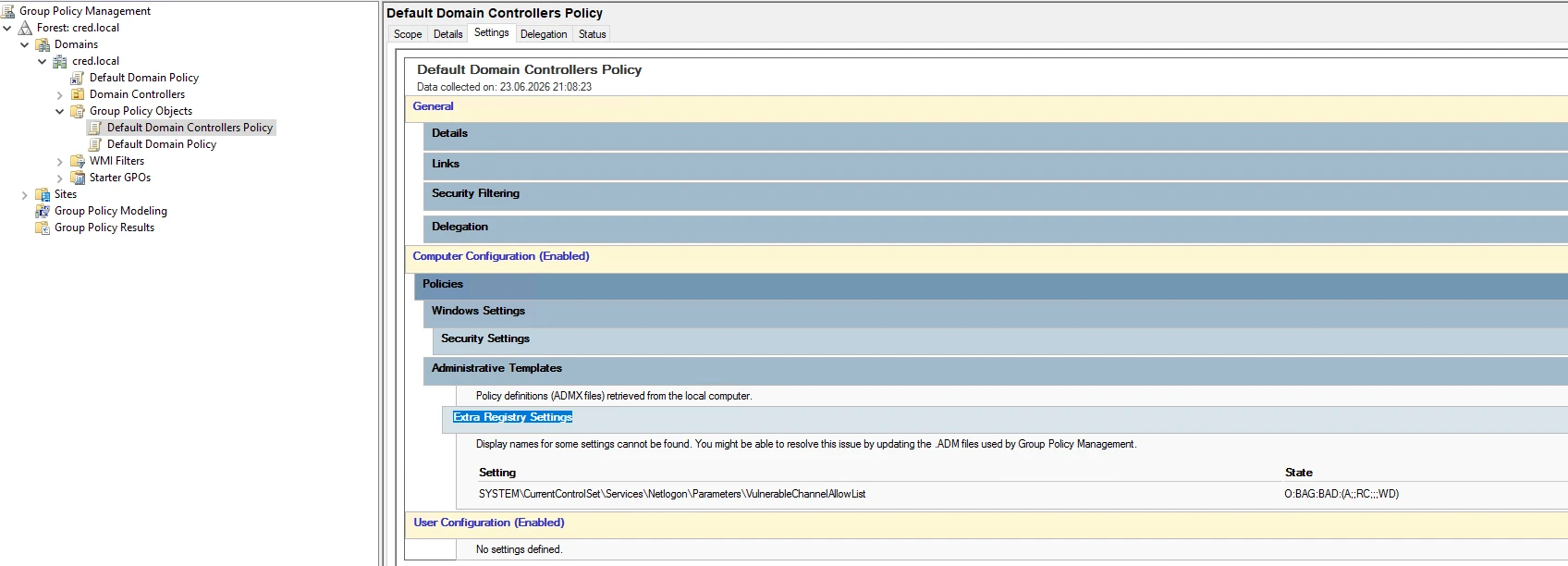 The VulnerableChannelAllowList entry under Extra Registry Settings in the GPO report