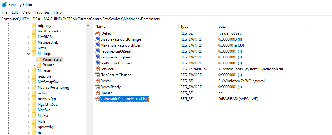 The VulnerableChannelAllowList value in the DC's live registry