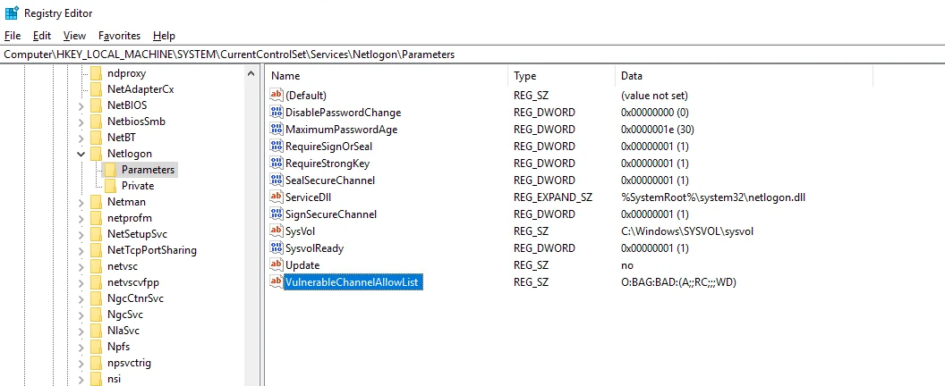 The VulnerableChannelAllowList value in the DC's live registry