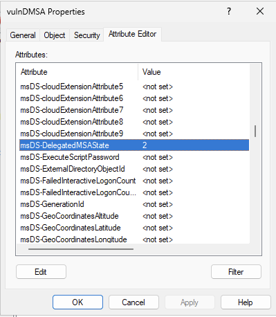 Setting msDS-ManagedAccountPrecededByLink and msDS-DelegatedMSAState attributes