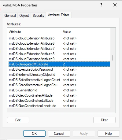 Setting msDS-ManagedAccountPrecededByLink and msDS-DelegatedMSAState attributes