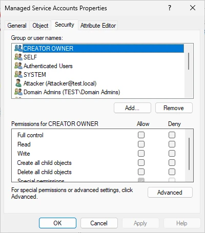 Security tab of the object properties