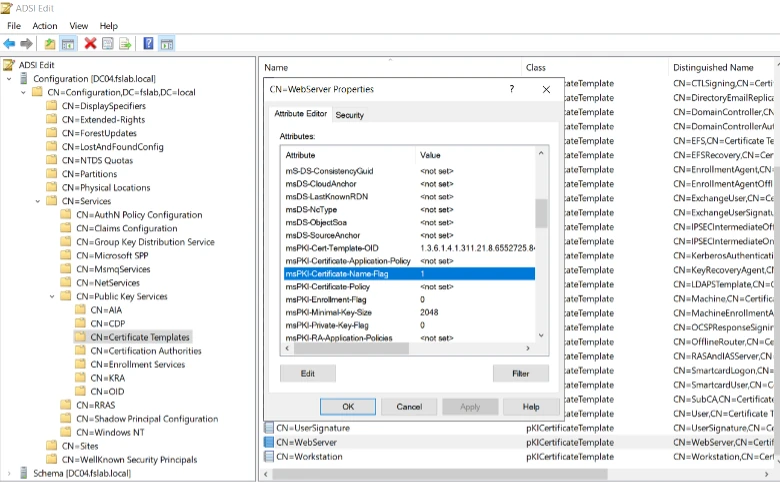 Updating msPKI-Certificate-Name-Flag in ADSEDIT