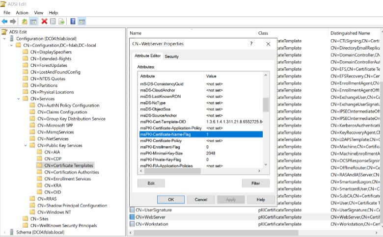 Updating msPKI-Certificate-Name-Flag in ADSIEDIT
